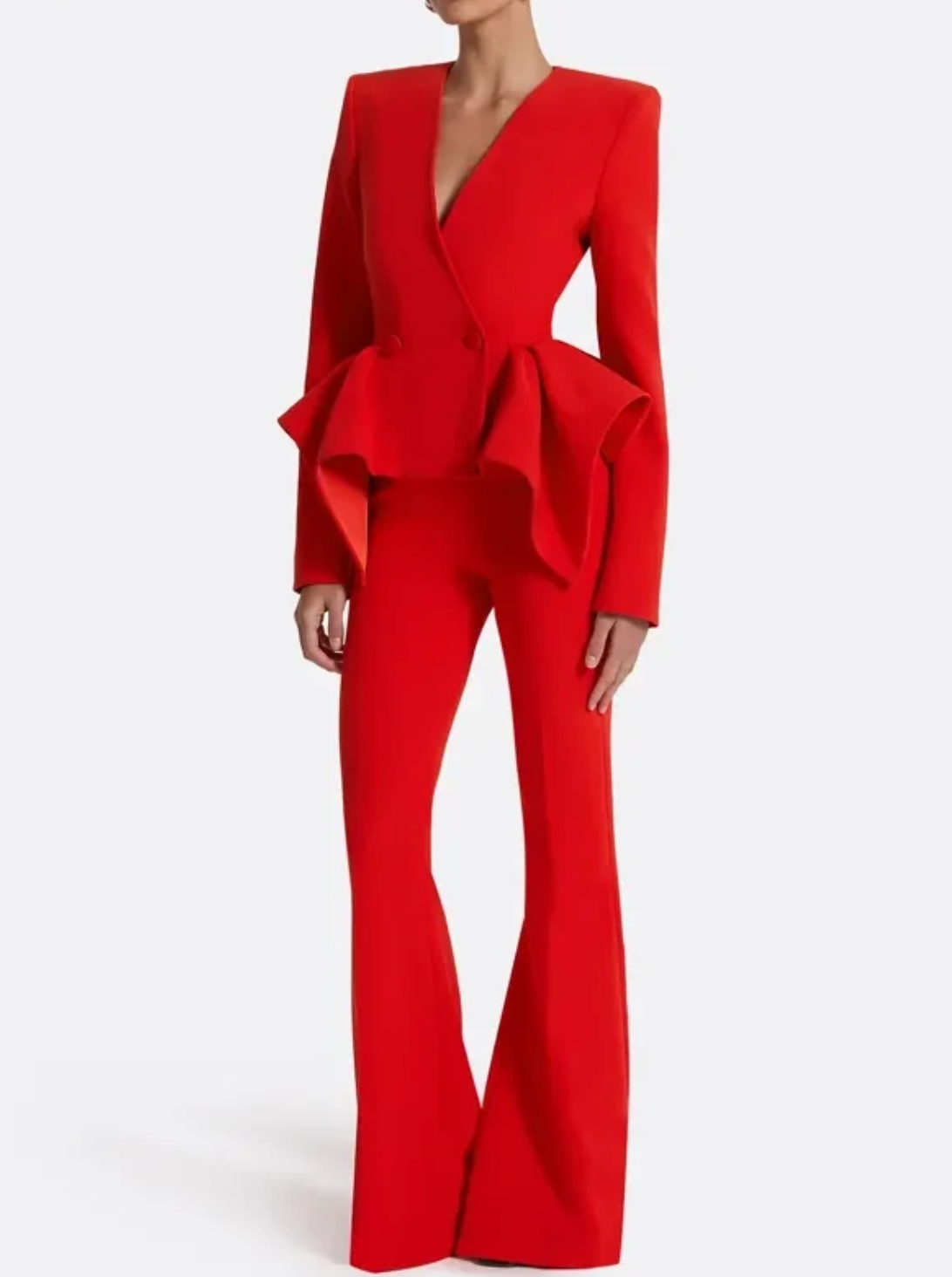 Red Irregular Hem Waist Fitted Blazer And Trousers 2-Piece Suit